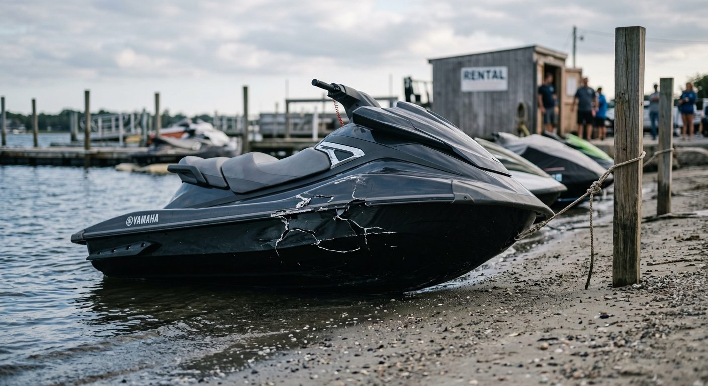 Beached jet ski with hull damage at rental livery after collision.
