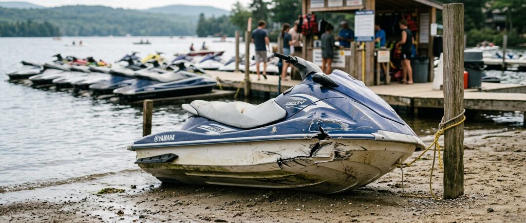 Beached jet ski with hull damage from water collision at rental dock.