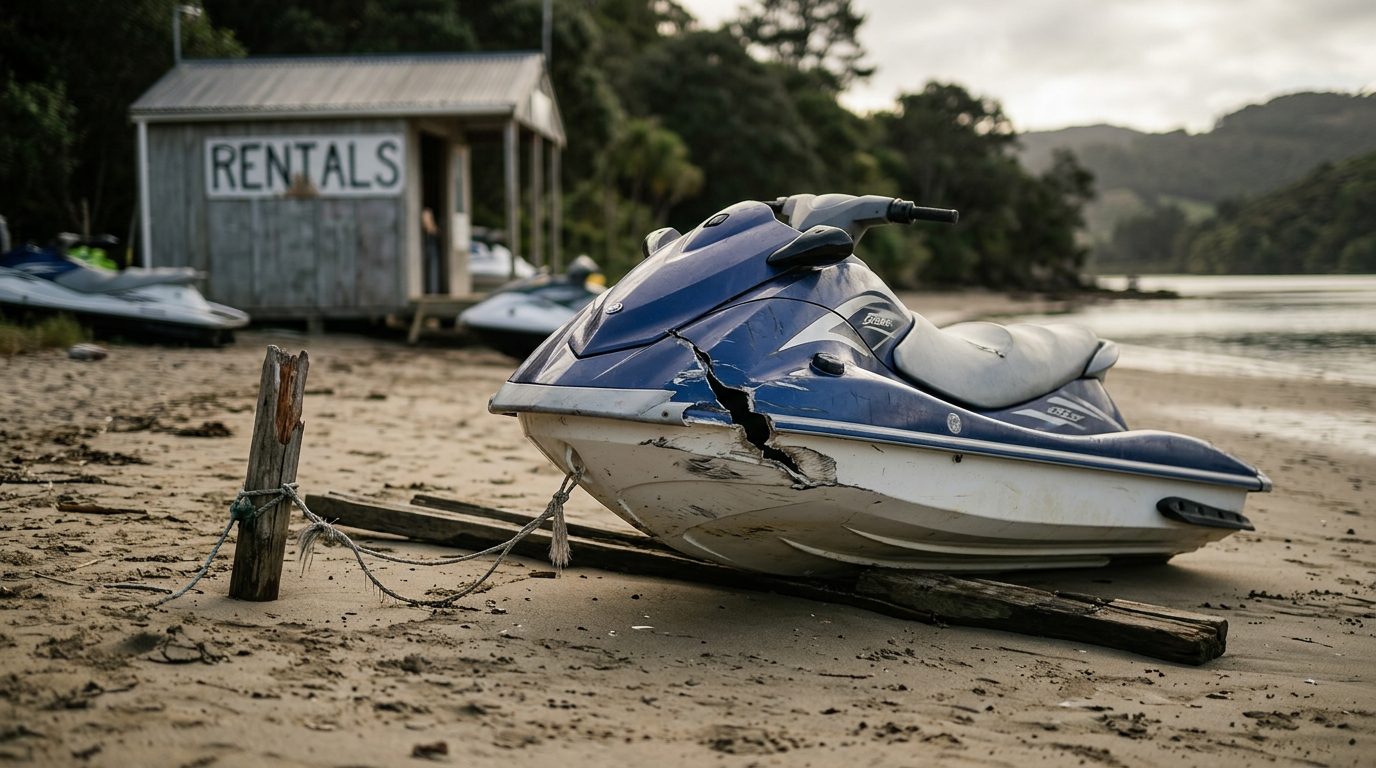 Beached jet ski with hull damage from water collision at rental dock.