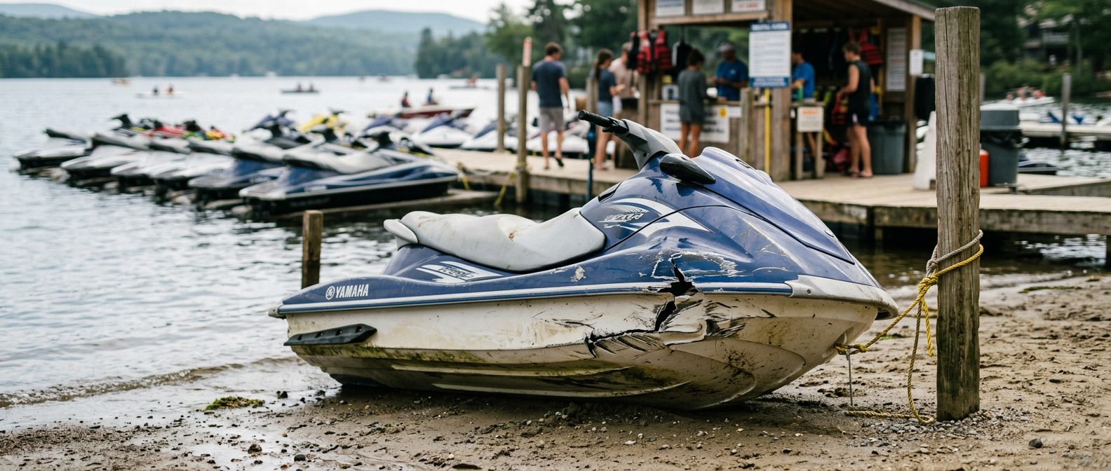 Beached jet ski with hull damage from water collision at rental dock.