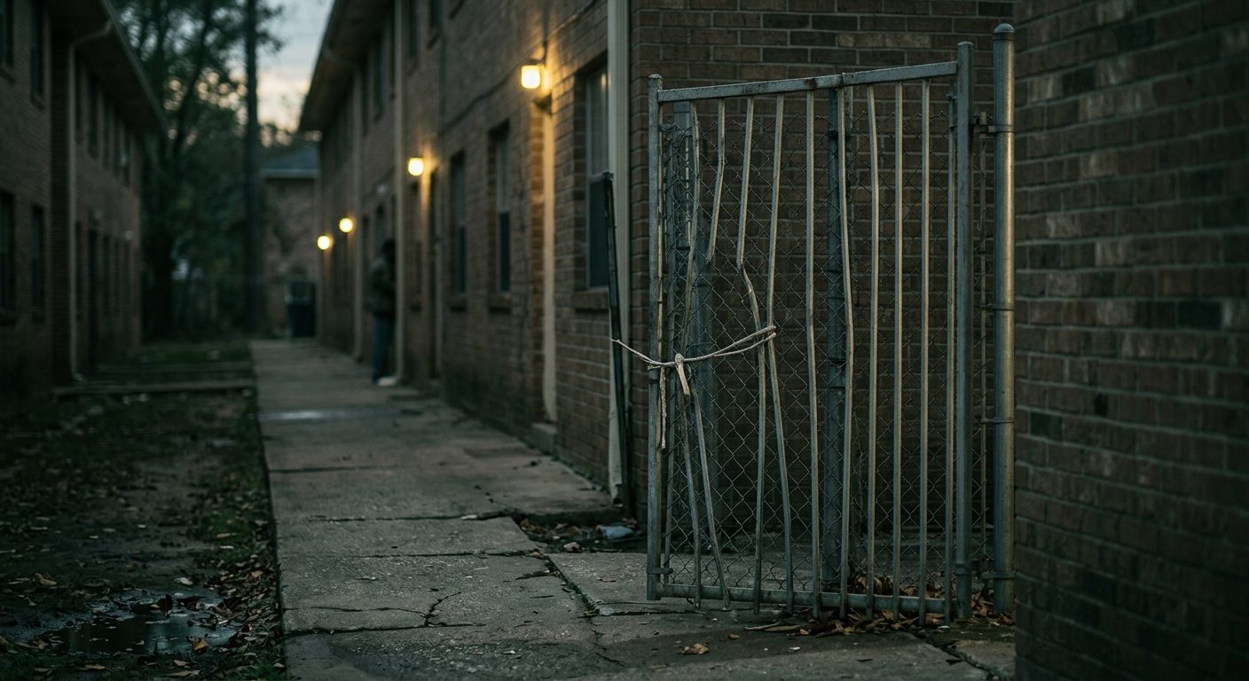 Broken security gate and dark apartment walkway at night.