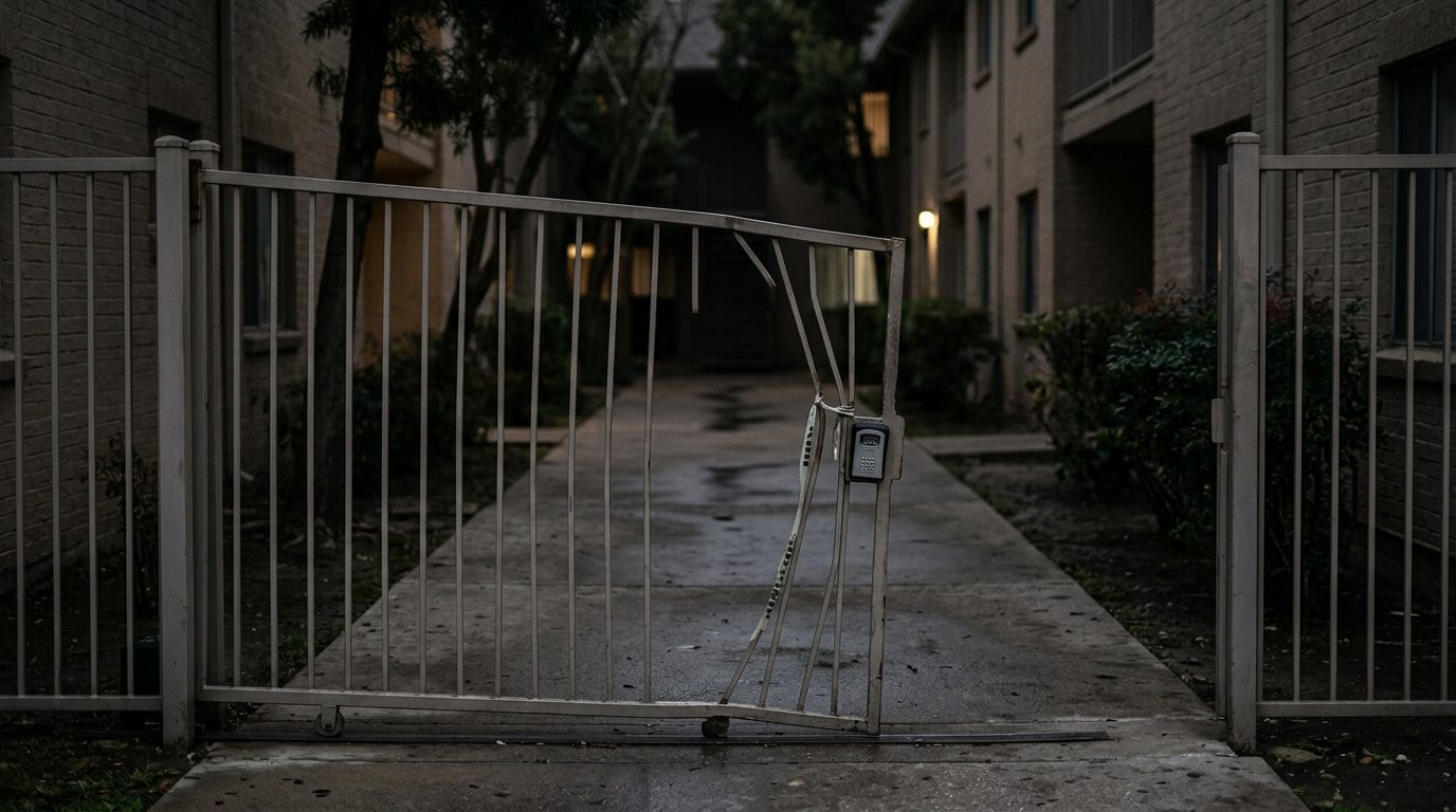 Broken security gate and dark apartment walkway at vacation rental property.