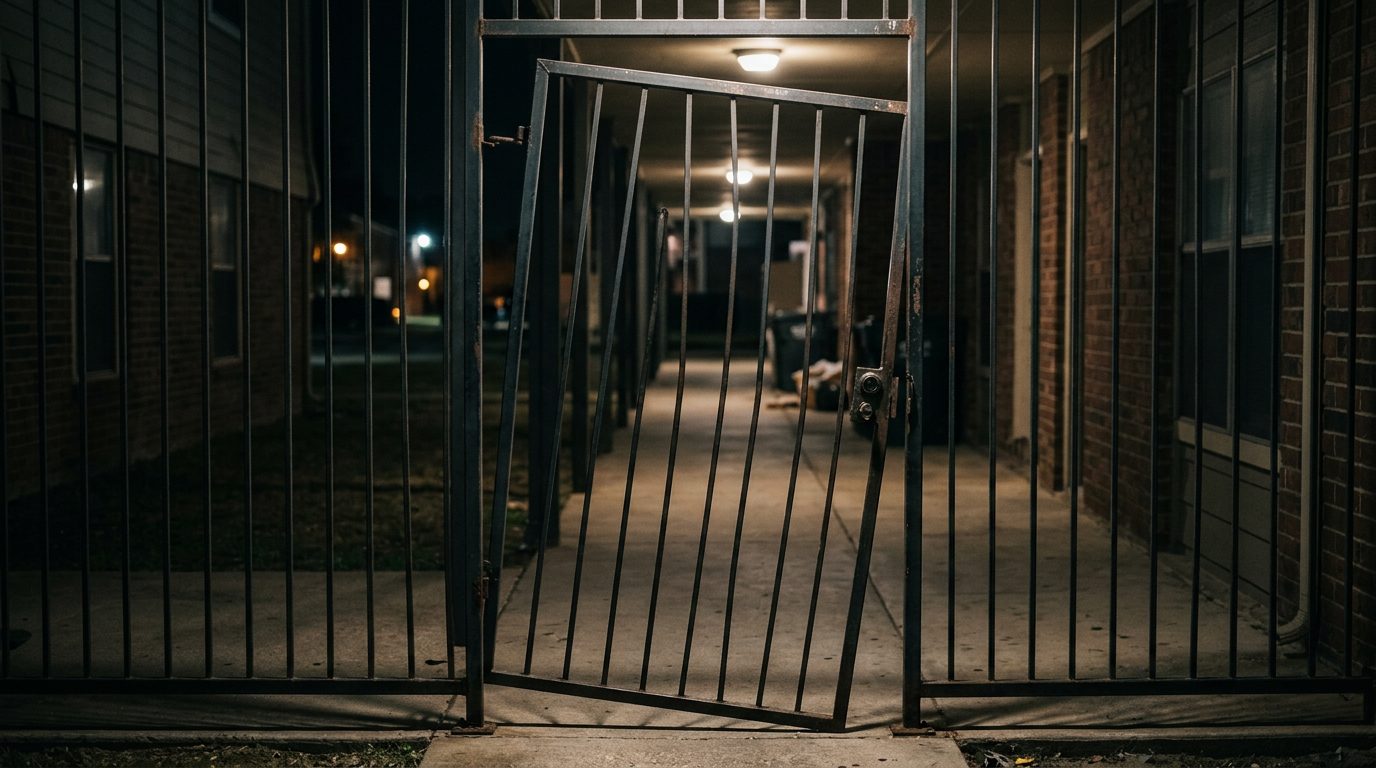 Broken security gate and dark apartment walkway highlighting unsafe property conditions.