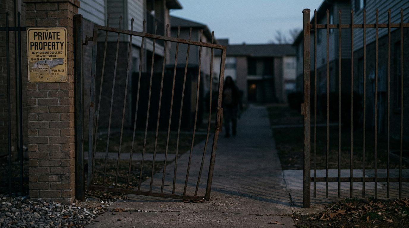 Broken security gate and dark apartment walkway showing unsafe property conditions.