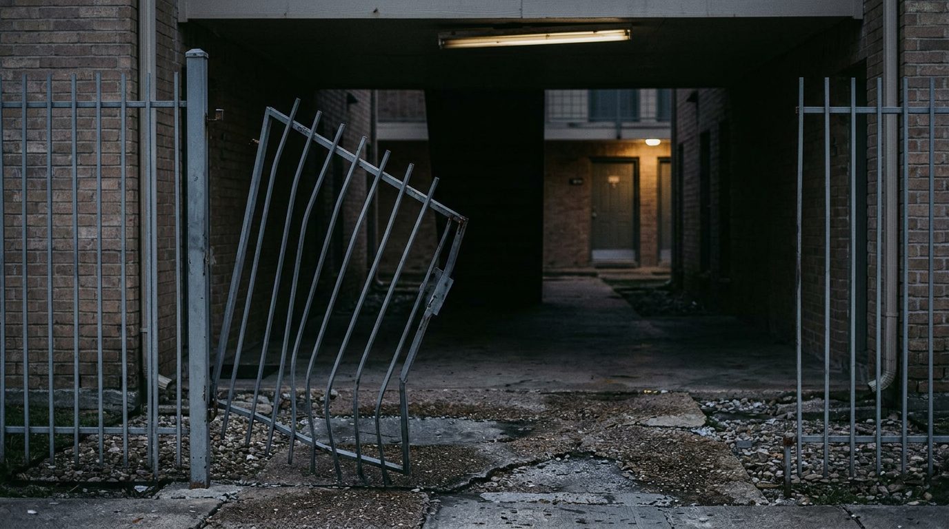 Broken security gate and dark apartment walkway where assault occurred.