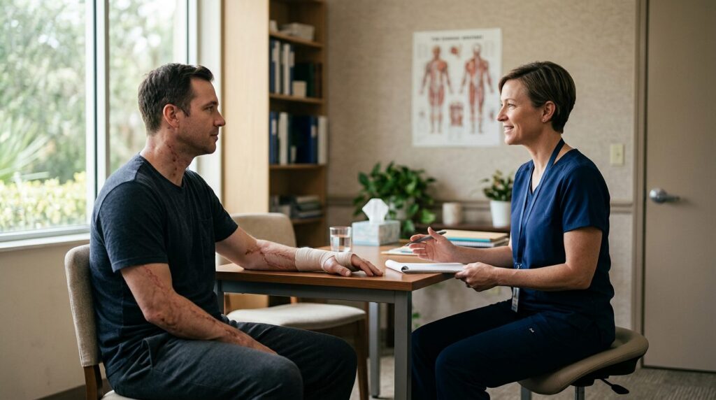 Burn injury patient in consultation with rehabilitation clinician in treatment room.