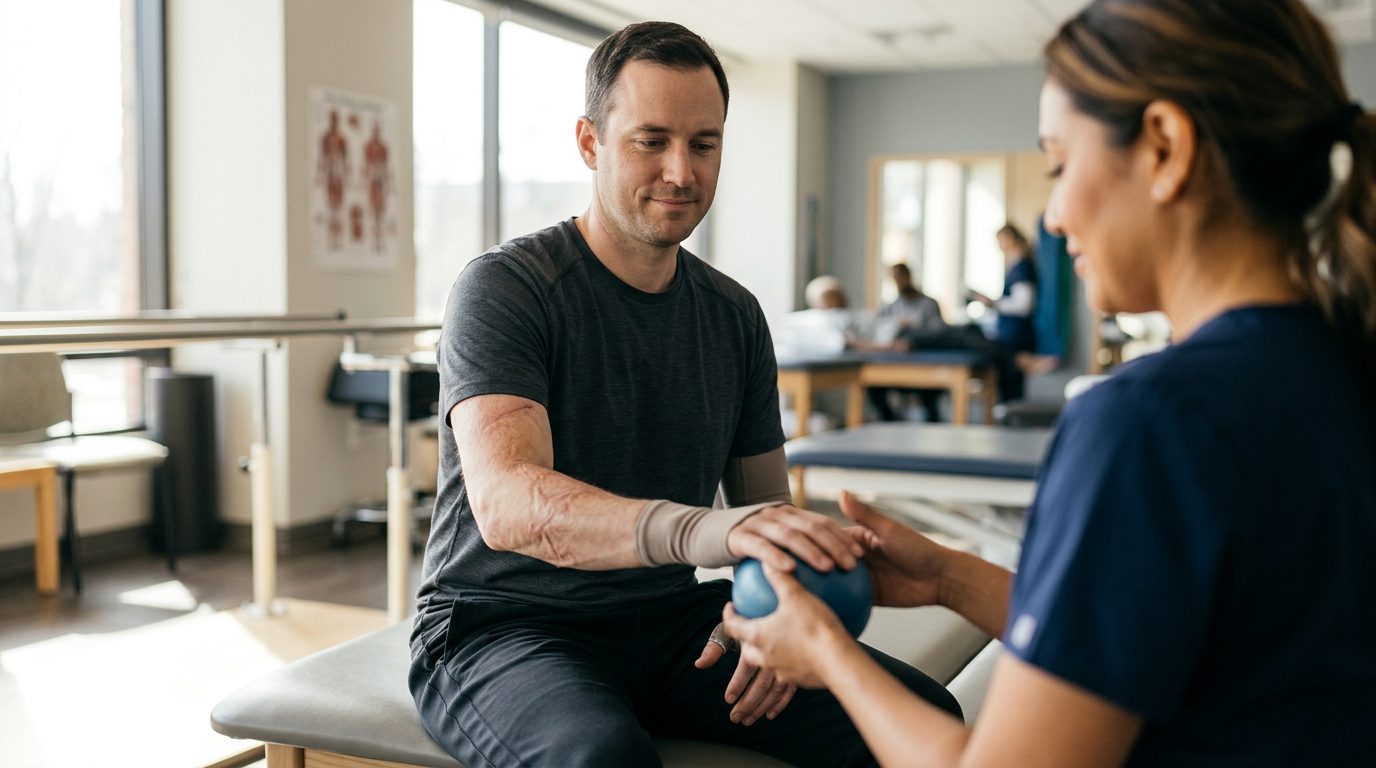 Burn injury survivor receiving care in a rehabilitation facility.