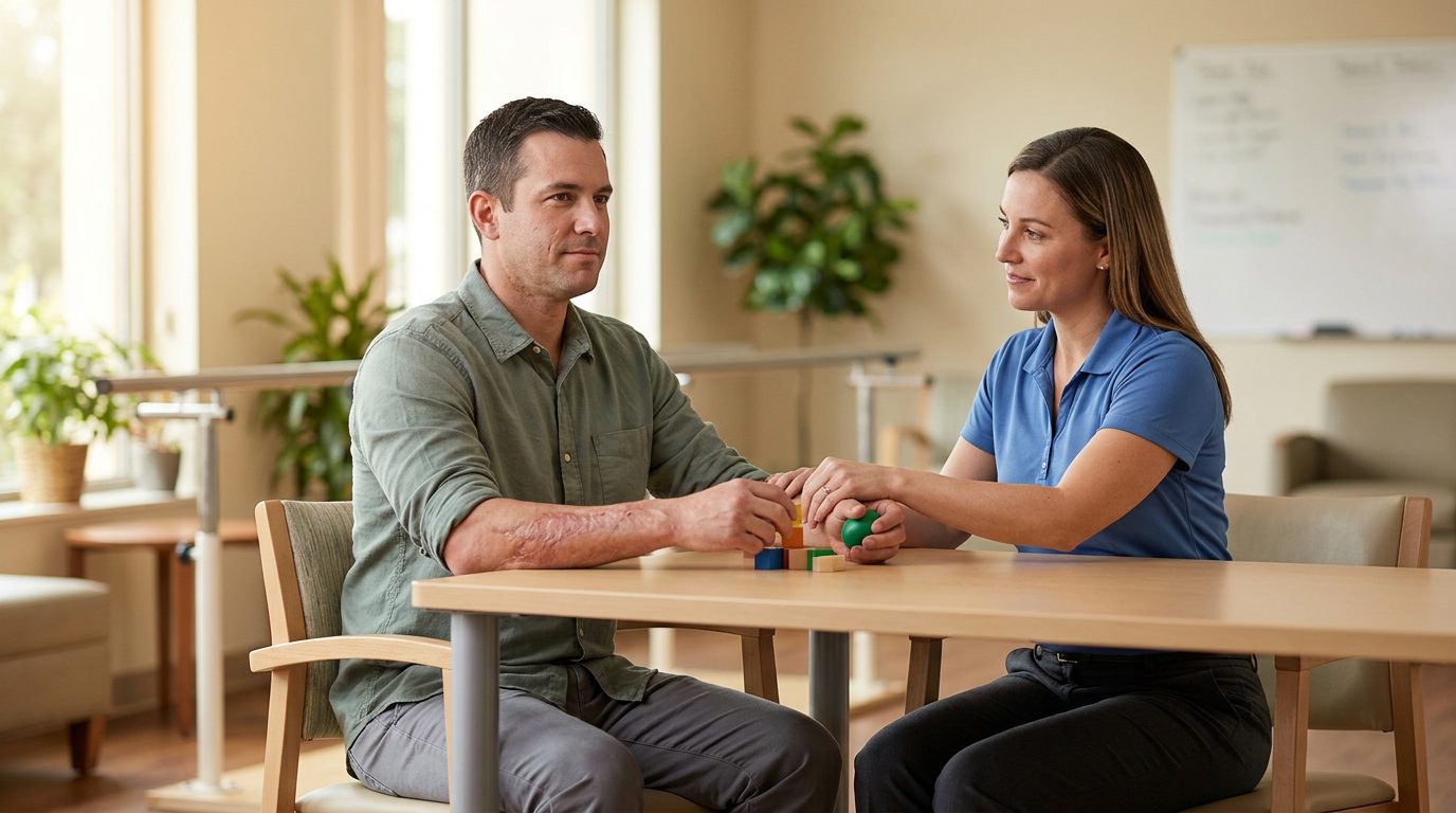 Burn injury survivor receiving rehabilitation treatment in a calm medical setting.