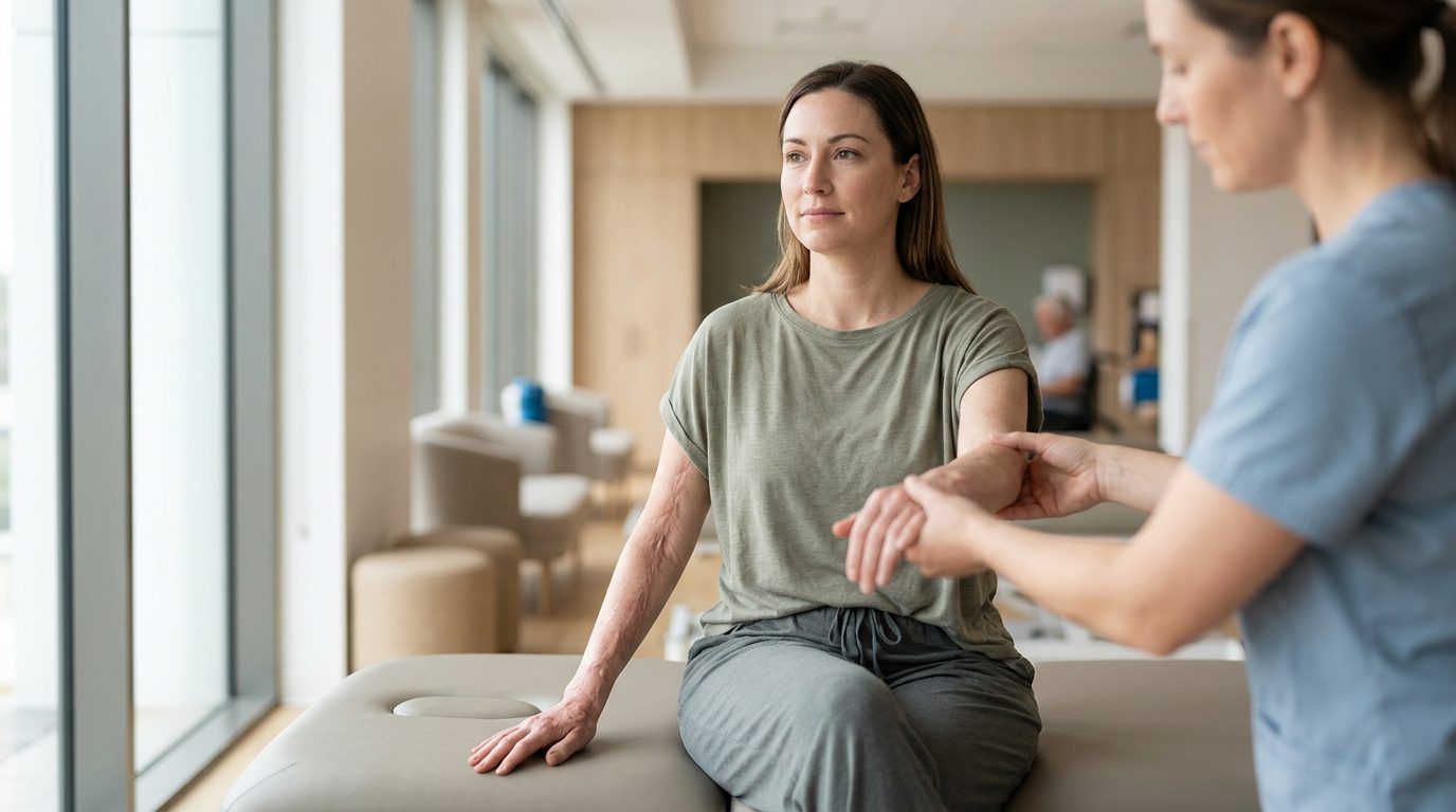 Burn survivor receiving rehabilitation care in a clinical setting.