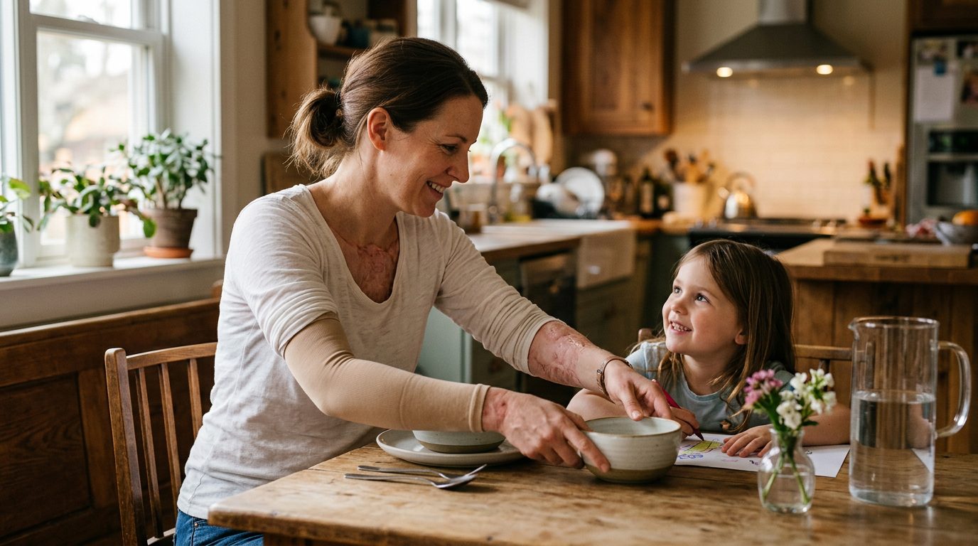 Burn survivor smiling while cooking with family in kitchen.