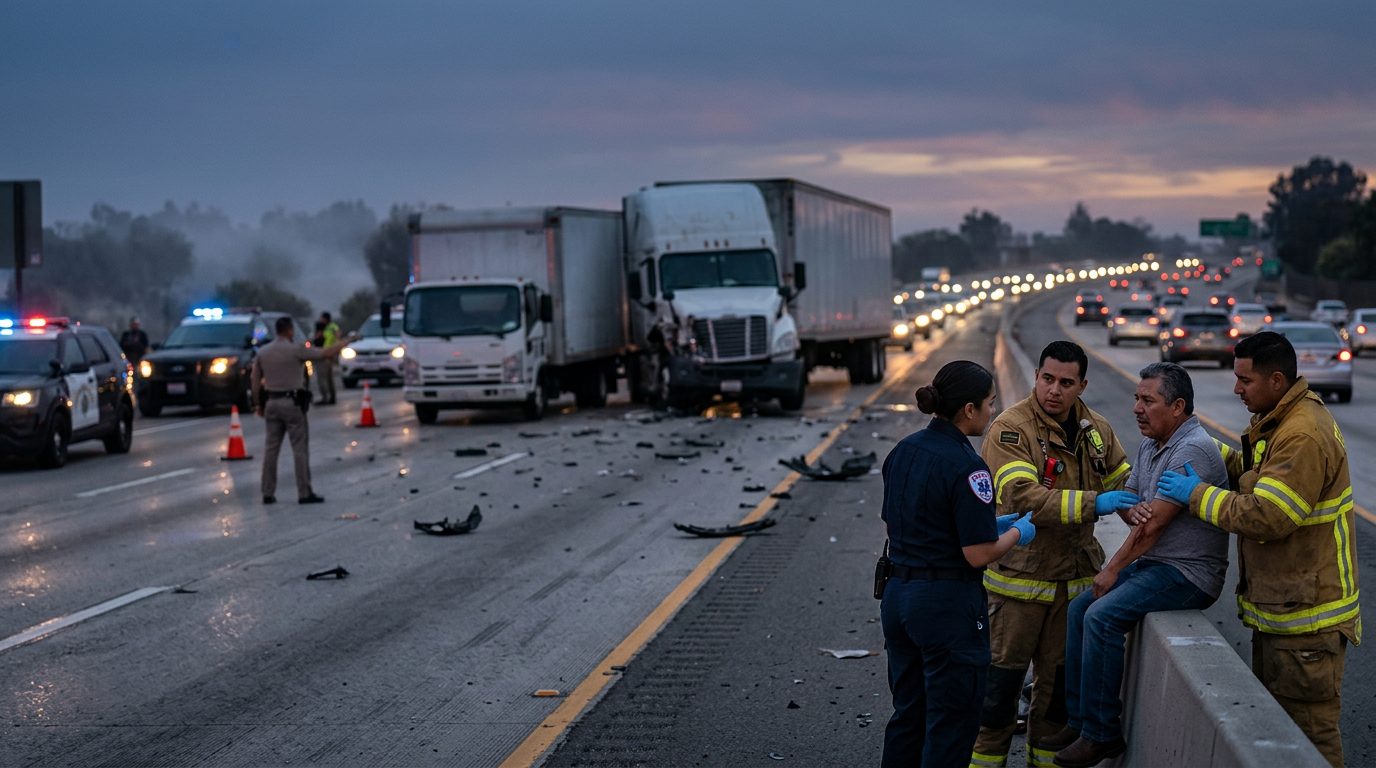 Camión comercial accidentado en autopista al atardecer con personas cerca del lugar.