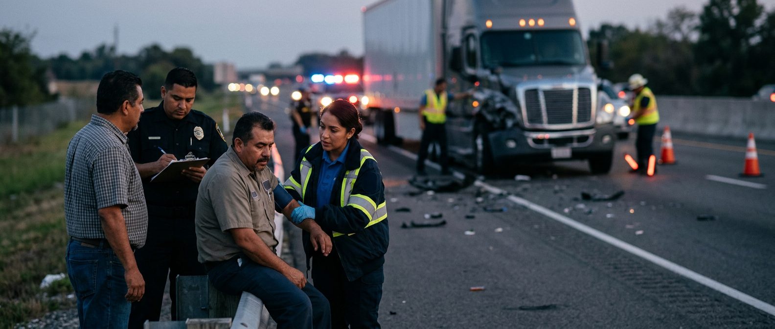 Camión comercial accidentado en carretera al atardecer con personas cerca del lugar.