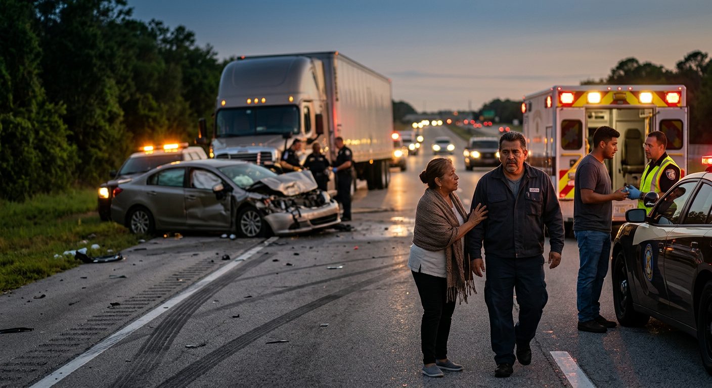 Camión comercial accidentado en carretera al atardecer con personas cerca del lugar.