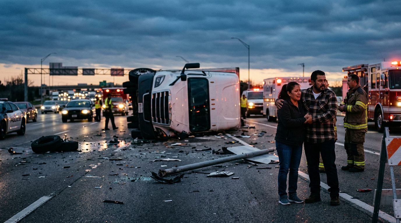 Camión comercial accidentado en carretera al atardecer con personas hispanohablantes.