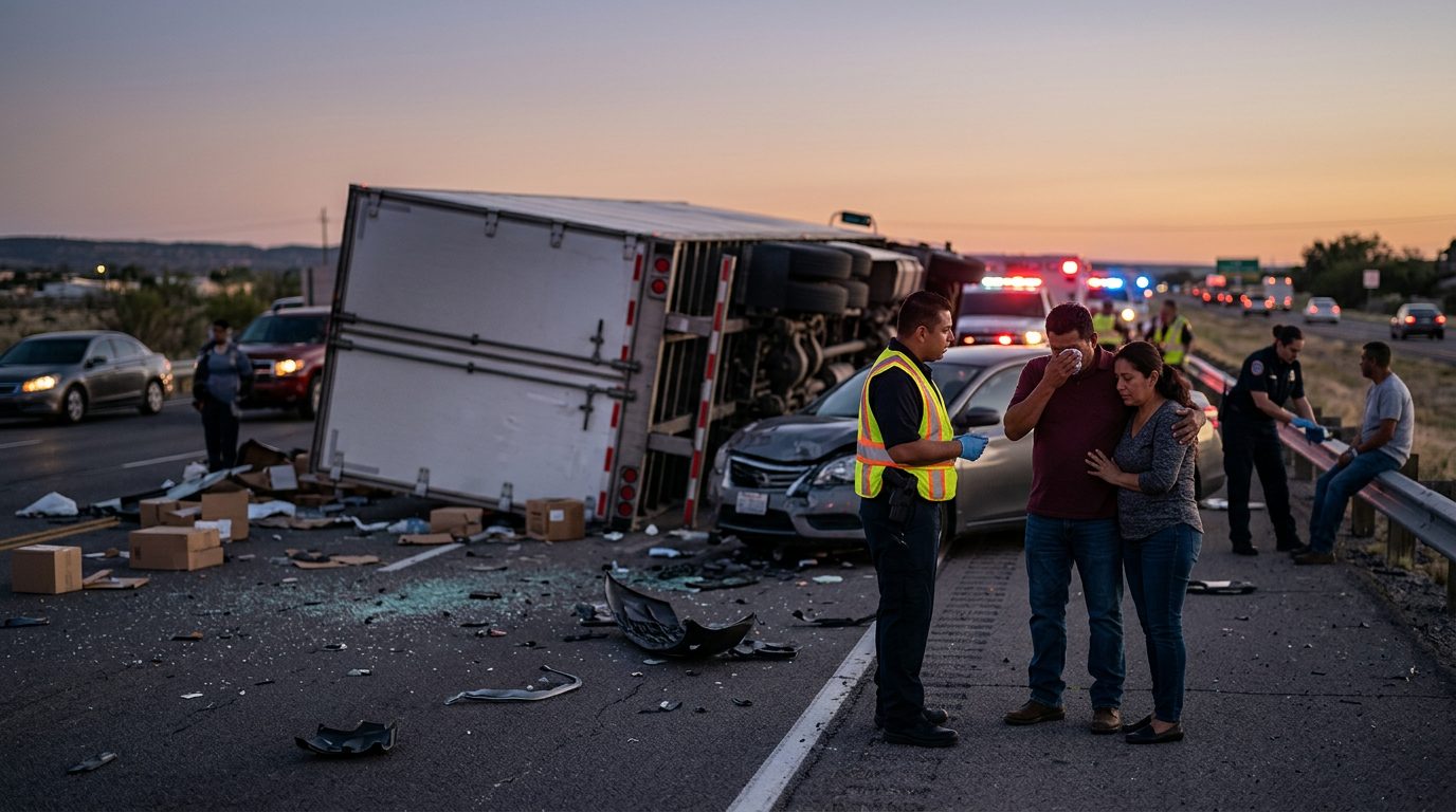 Camión comercial accidentado en carretera al atardecer con personas cerca del lugar.