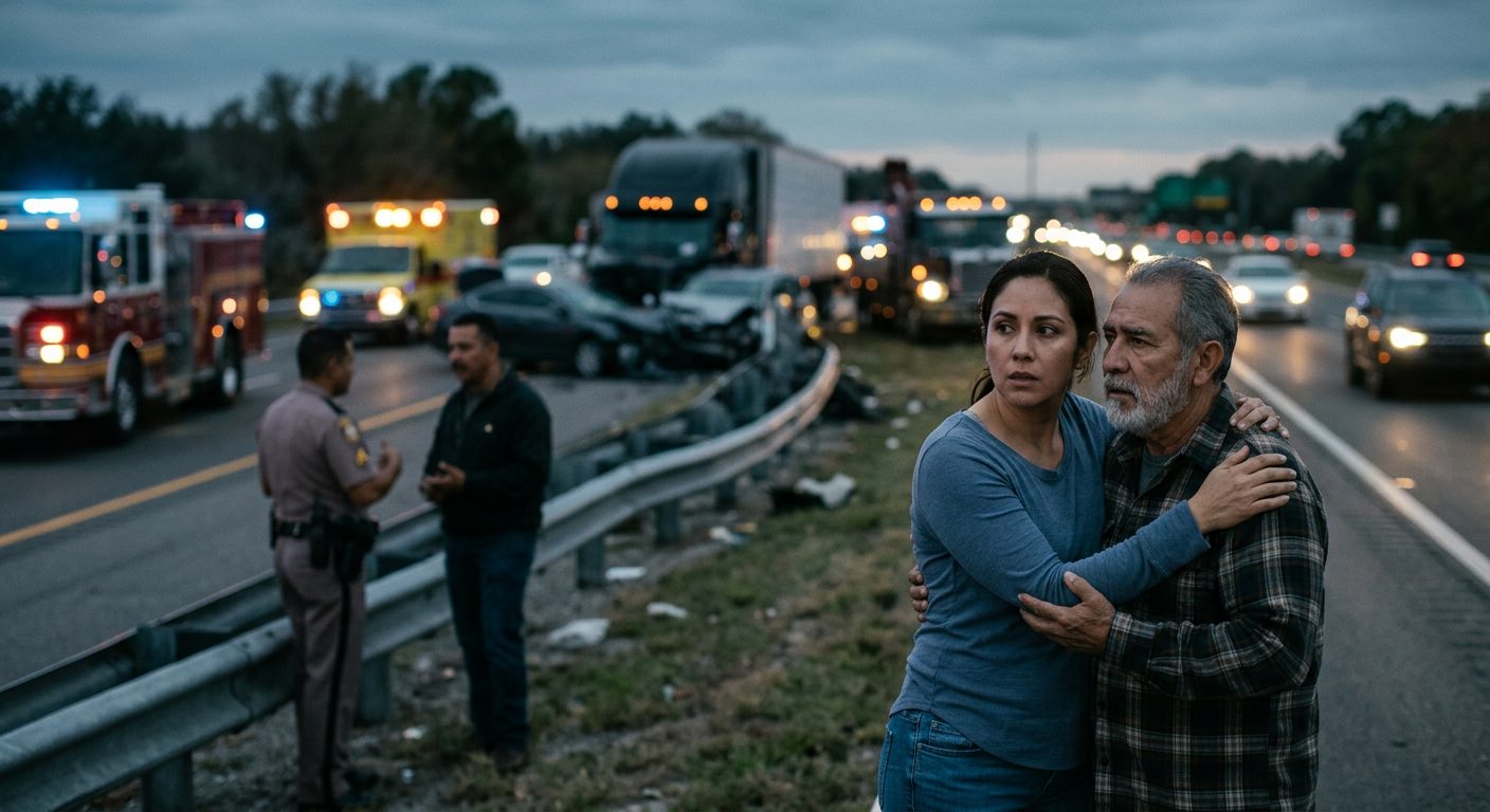 Camión comercial accidentado en carretera al atardecer con personas cerca del lugar.