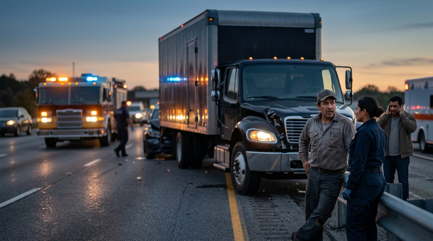 Camión comercial accidentado en carretera al atardecer con personas cerca del lugar.