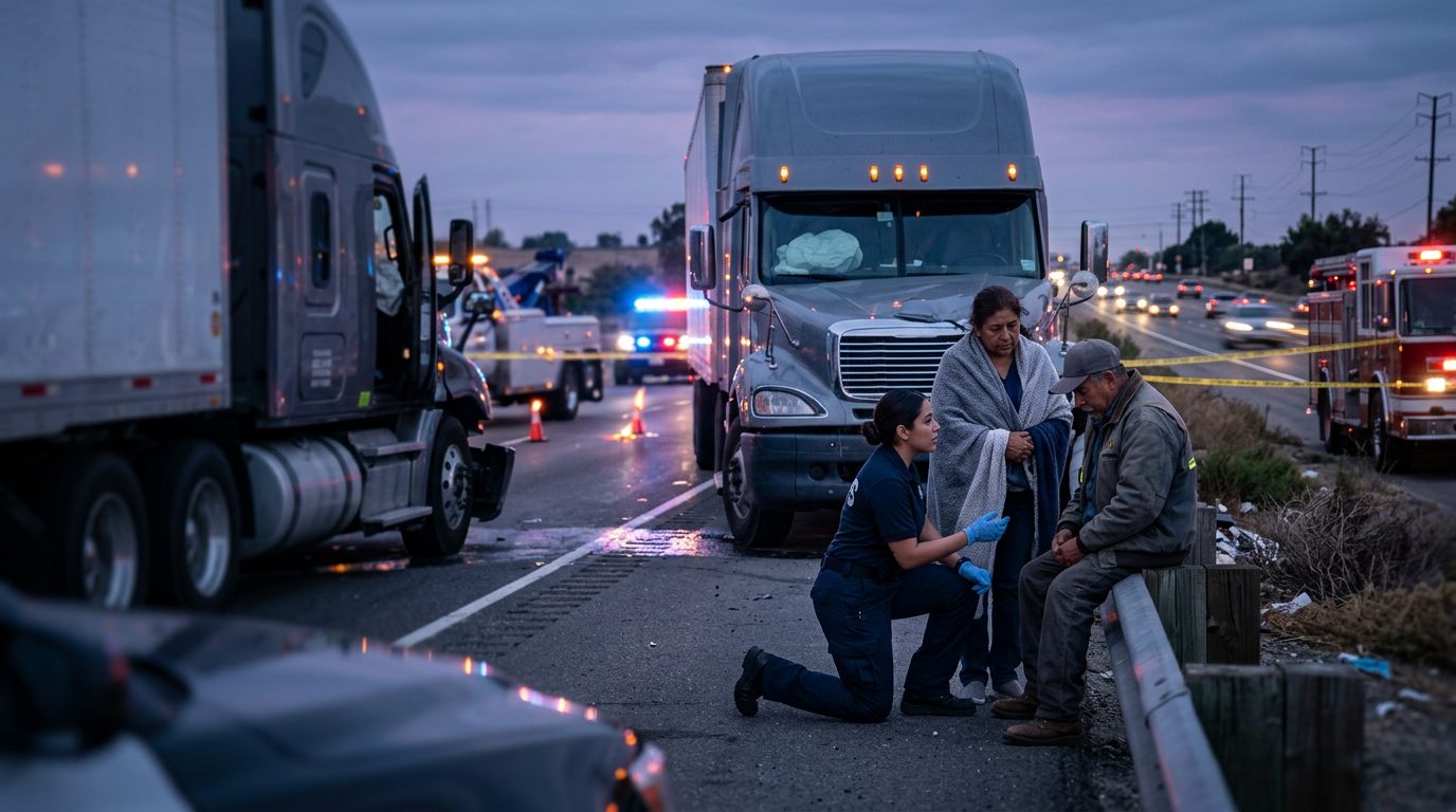 Camión comercial accidentado en carretera al atardecer con personas cerca del lugar.