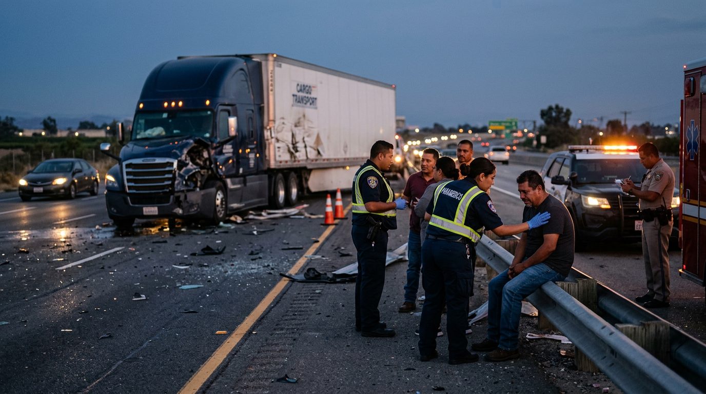 Camión comercial accidentado en carretera al atardecer con personas cerca del lugar.