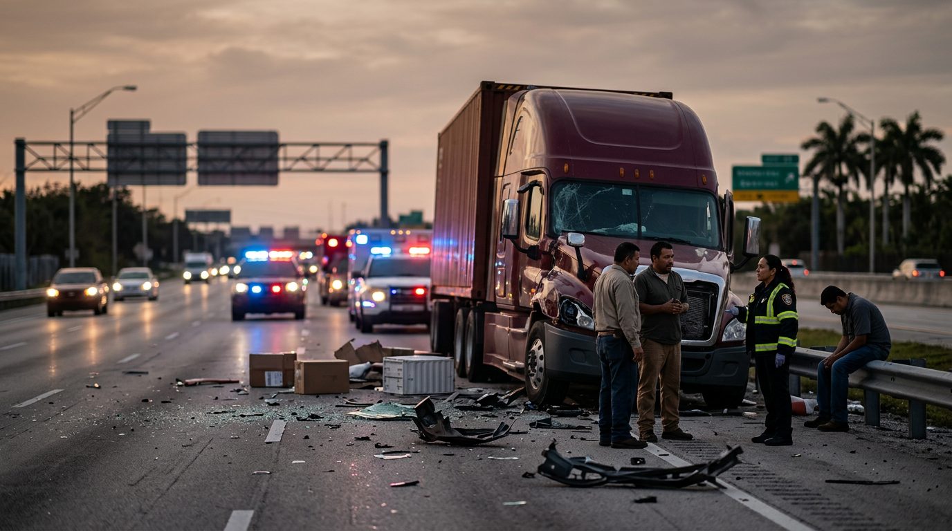 Camión comercial accidentado en carretera al atardecer en Sweetwater, Florida.
