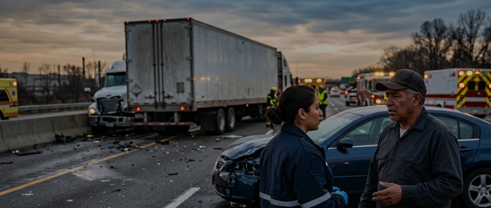 Camión comercial accidentado en carretera al atardecer tras colisión grave.