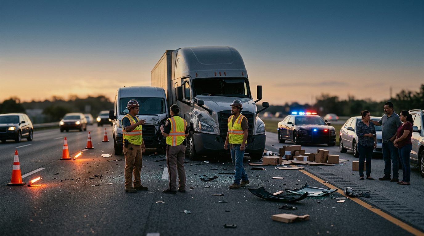 Camión comercial accidentado en carretera con personas alrededor al atardecer.
