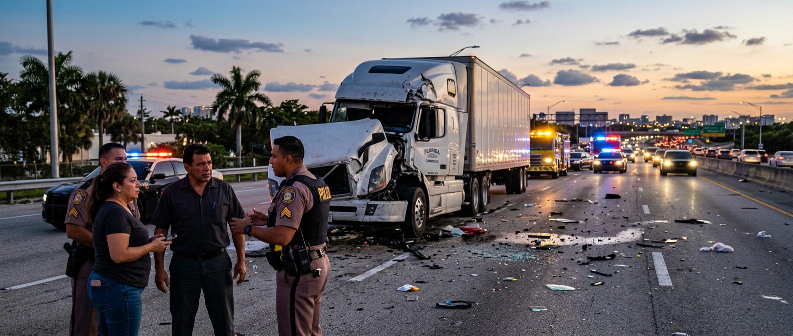 Camión comercial accidentado en carretera de Florida al atardecer con personas presentes.