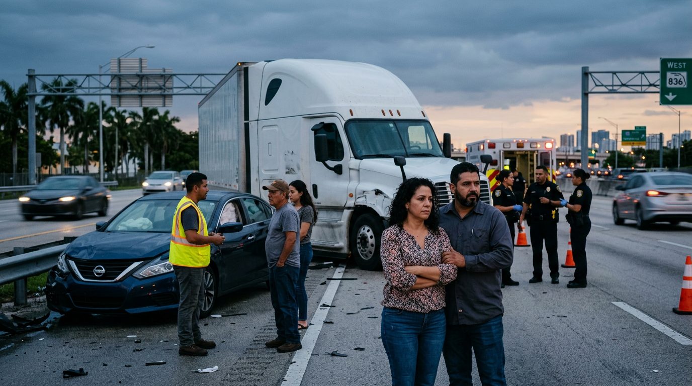 Camión comercial chocado en carretera al atardecer con personas hispanas cerca.