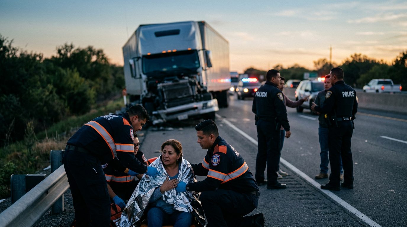 Camión comercial colisionado en autopista al atardecer con personas hispanohablantes.
