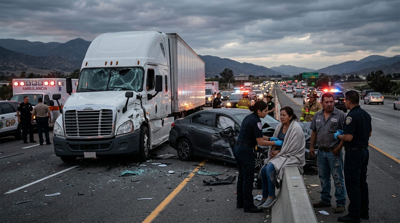 Camión comercial colisionado en autopista al atardecer con personas hispanolas evaluando daños.