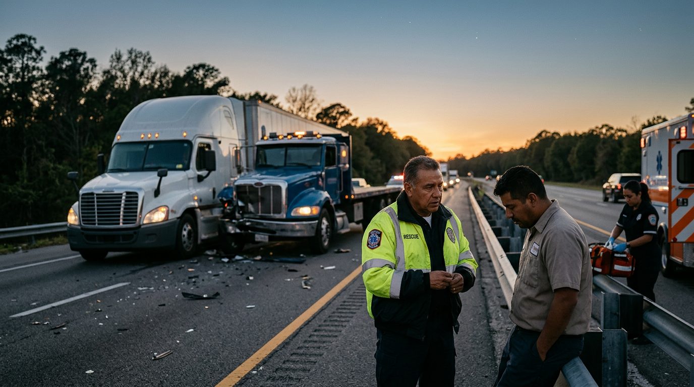 Camión comercial colisionado en autopista al atardecer con personas cerca del lugar.