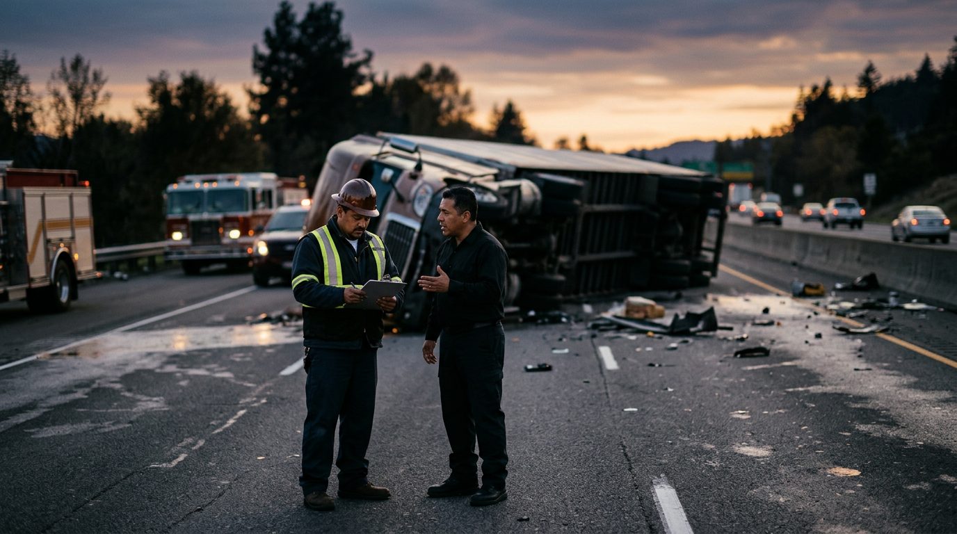 Camión comercial colisionado en carretera al atardecer con personas cerca del sitio.