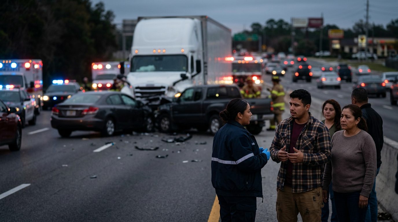 Camión comercial colisionado en carretera al atardecer con personas cerca del lugar del accidente.