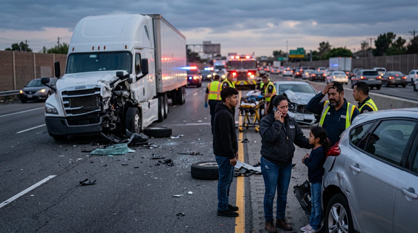 Camión comercial colisionado en carretera al atardecer con personas cerca del lugar del accidente.