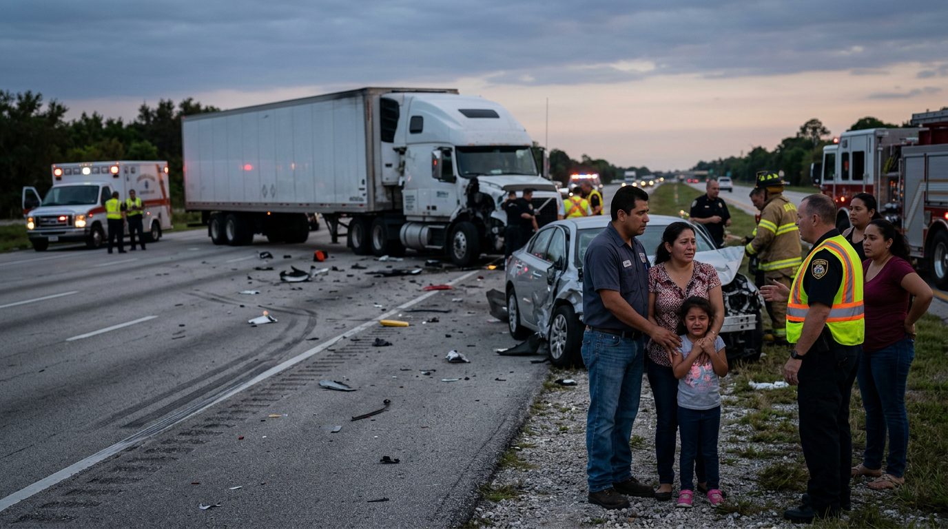 Camión comercial colisionado en carretera al atardecer con personas alrededor.