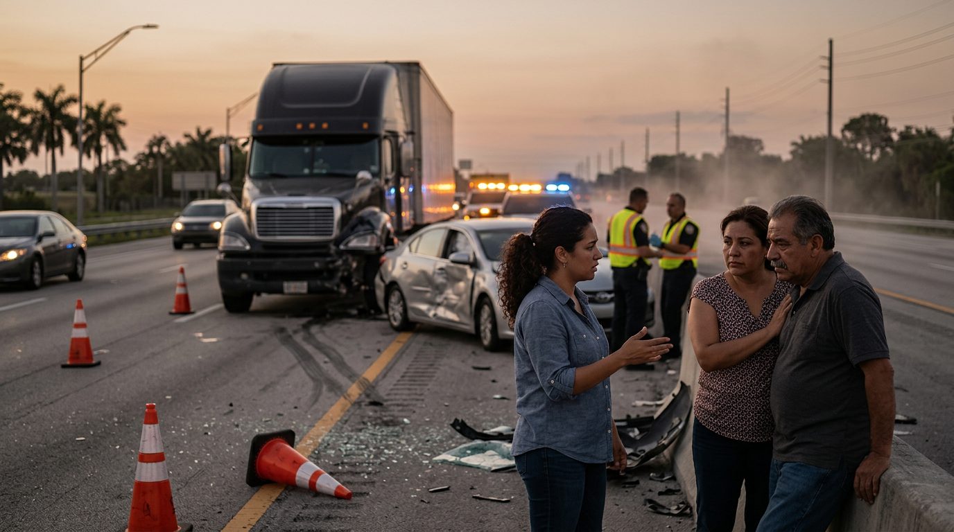 Camión comercial colisionado en carretera al atardecer con personas cerca del lugar del accidente.