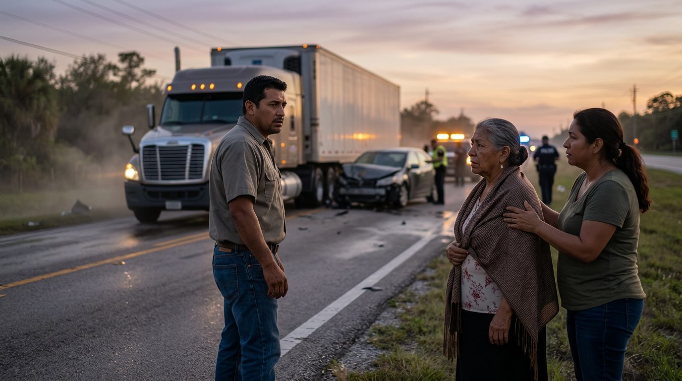 Camión comercial colisionado en carretera al atardecer con personas cerca.