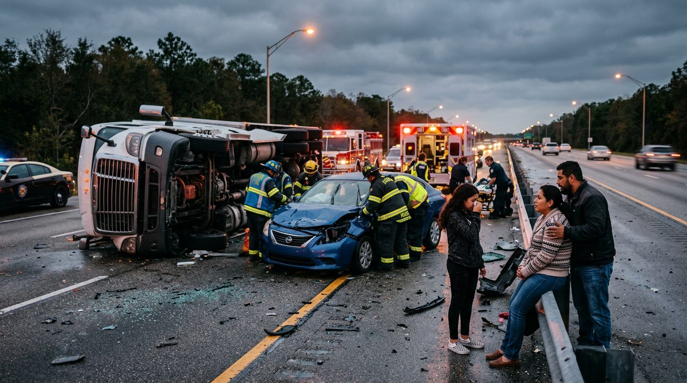 Camión comercial colisionado en carretera al atardecer con personas cerca del lugar.