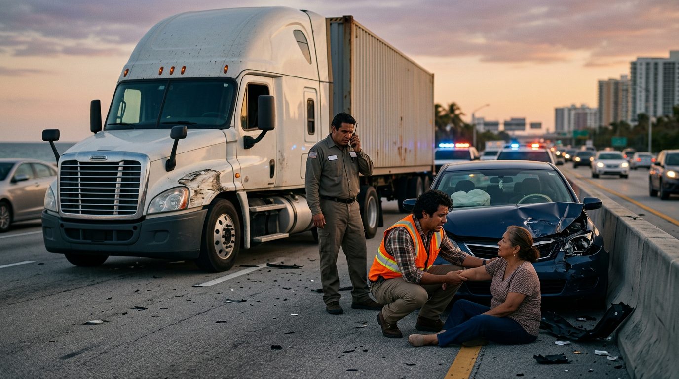 Camión comercial colisionado en carretera al atardecer con personas cerca.