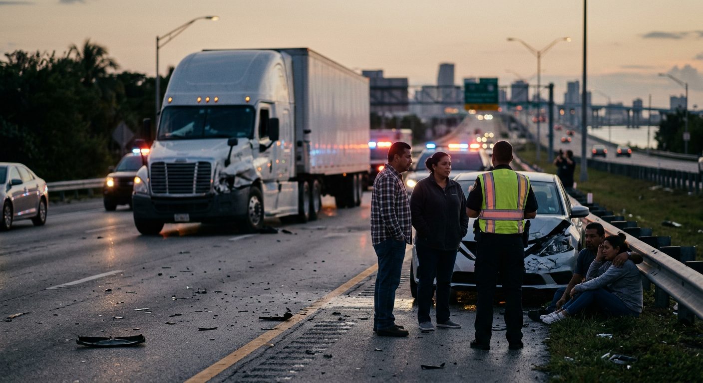 Camión comercial colisionado en carretera al atardecer con personas alrededor.