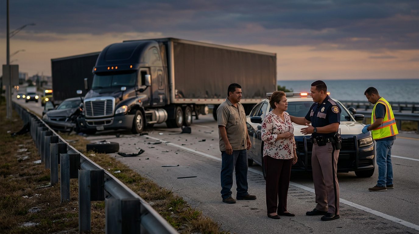 Camión comercial colisionado en carretera al atardecer con personas cerca del lugar.