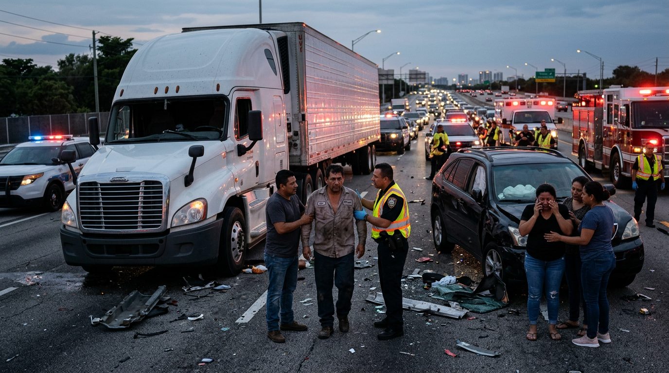 Camión comercial colisionado en carretera al atardecer con personas alrededor.