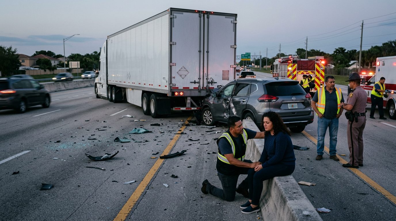 Camión comercial colisionado en carretera al atardecer con personas cerca del lugar del accidente.