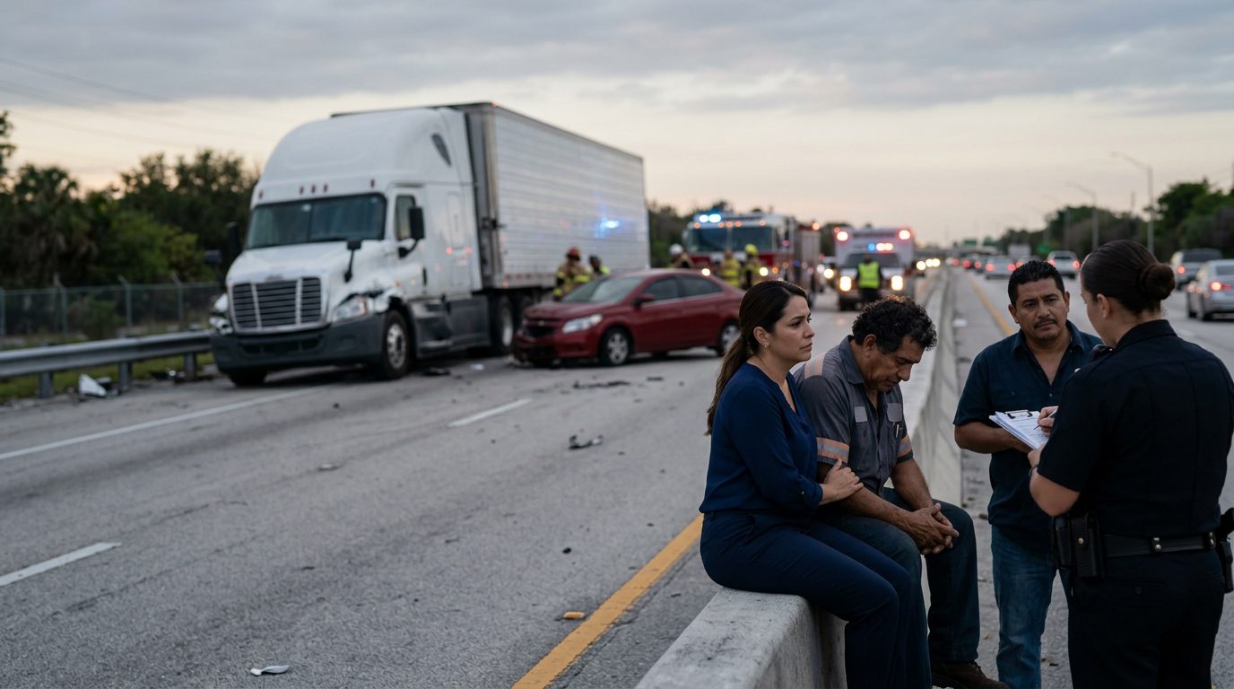 Camión comercial colisionado en carretera al atardecer con personas cerca del lugar.