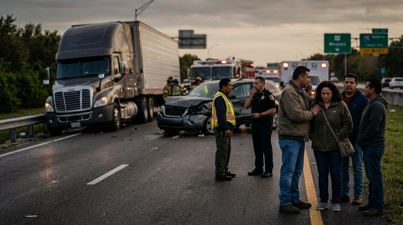 Camión comercial colisionado en carretera al atardecer con personas cerca del lugar.