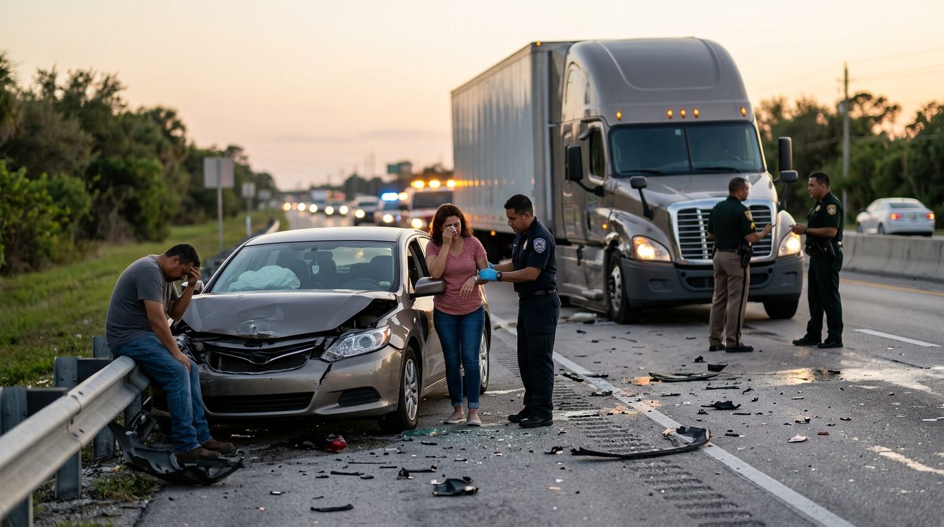 Camión comercial colisionado en carretera al atardecer con personas cerca del lugar.