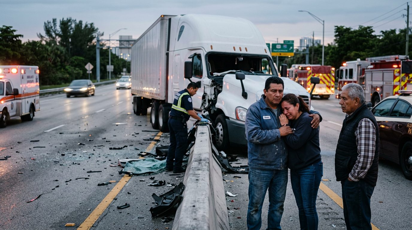 Camión comercial colisionado en carretera al atardecer con personas cerca del lugar.