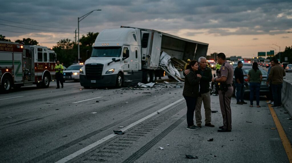 Camión comercial colisionado en carretera al atardecer con personas alrededor.