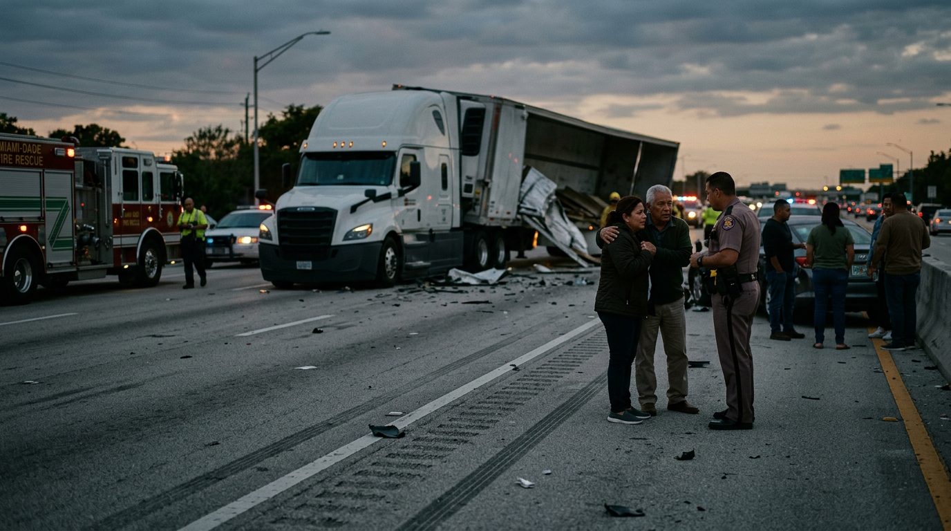 Camión comercial colisionado en carretera al atardecer con personas alrededor.