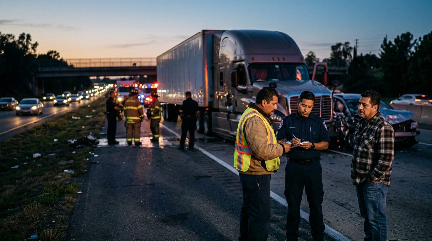 Camión comercial colisionado en carretera al atardecer con personas cerca del lugar del accidente.